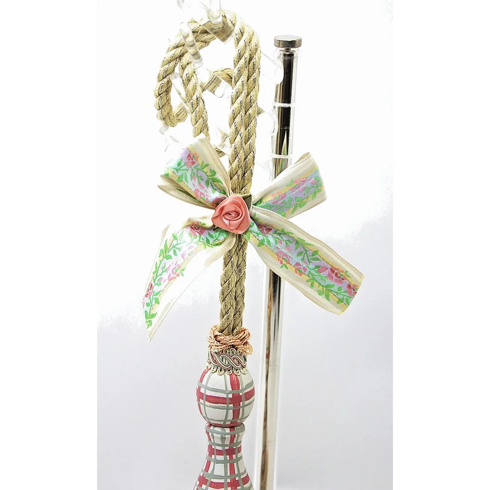 Decorative Curtain Tieback – Gold Rope w/ Plaid Bow & Pink Rose Tassels